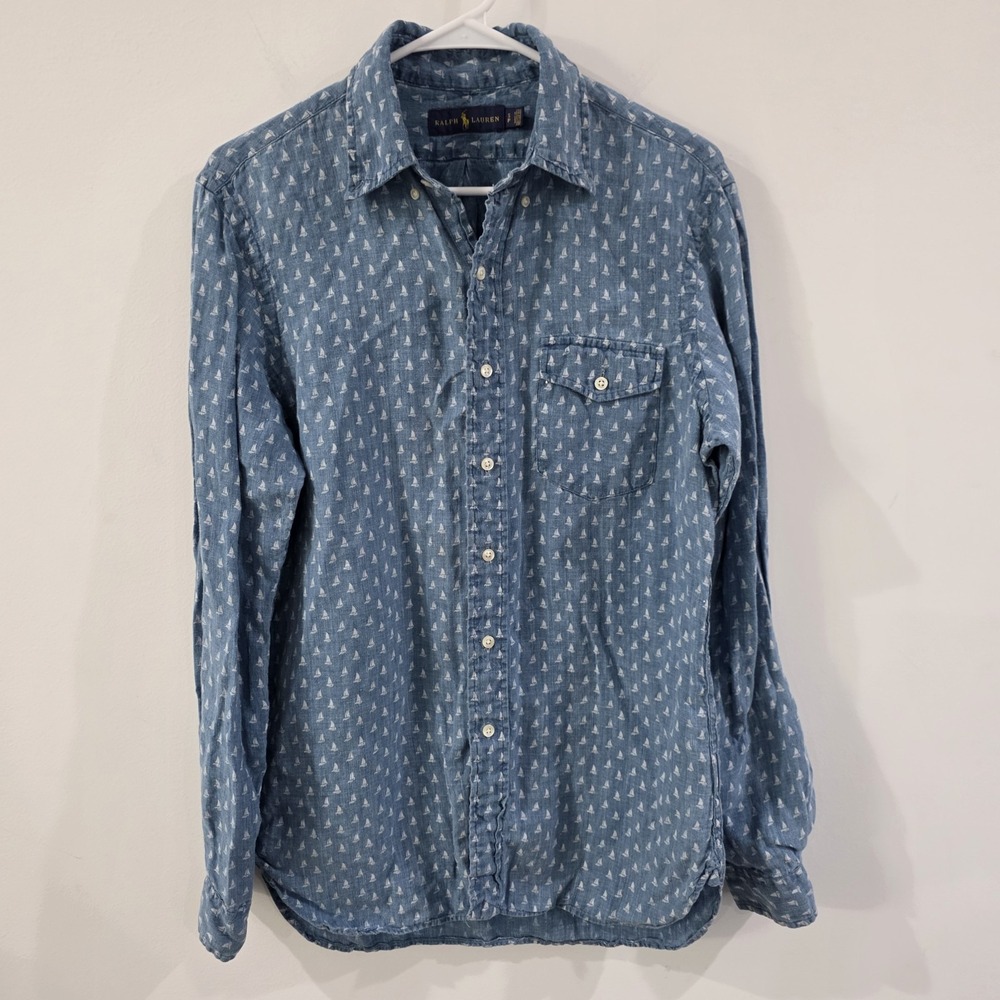 Ralph Lauren Mens Linen Sailboat Print Button Up Shirt Size Small Blue Coastal